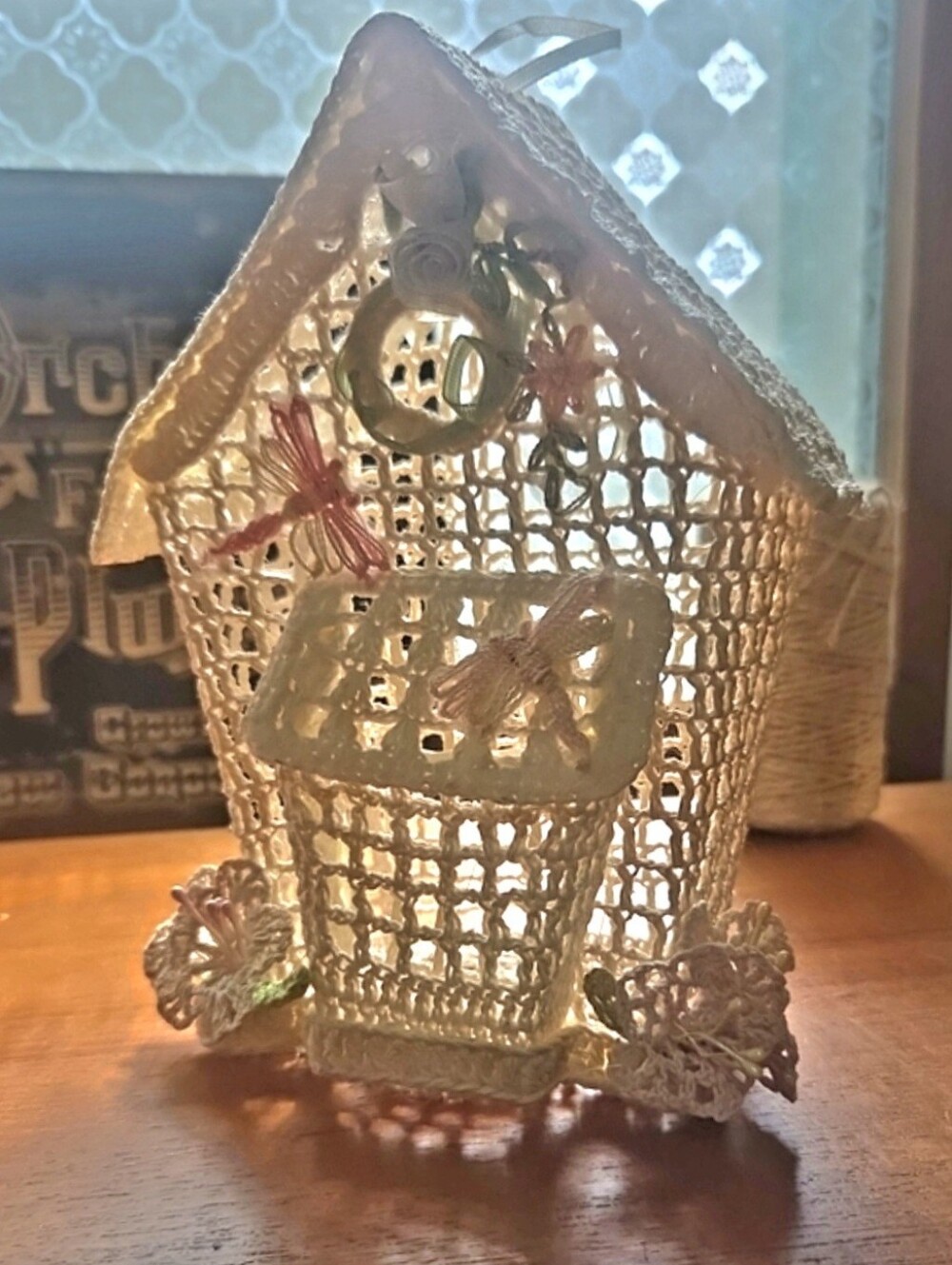 Handmade Lace Birdhouse  - Cream with Pastel Accents